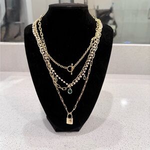 Pretty Bird Gold Multi-Layer Necklaces with Lock and Teal Charm